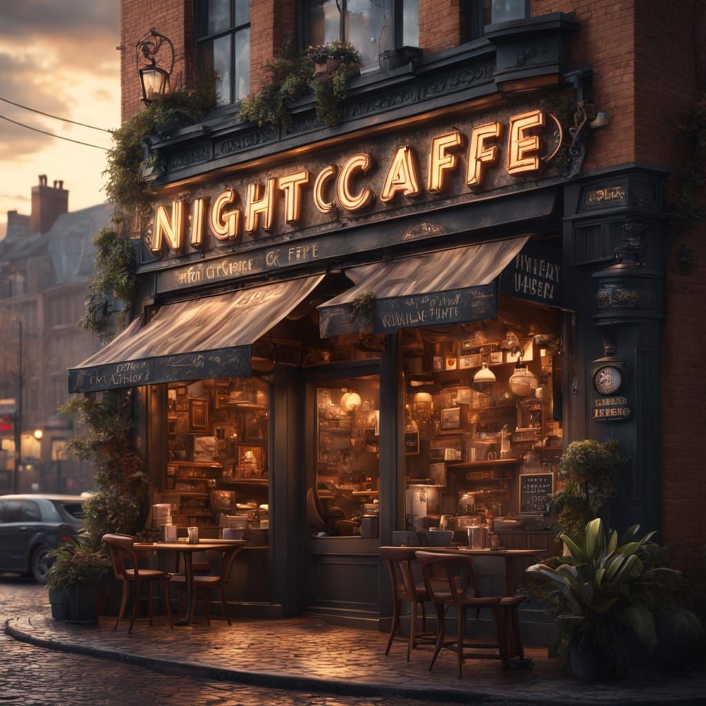 Hyper Realistic NightCafe Coffee Shop Sign in Epic Cinematic...