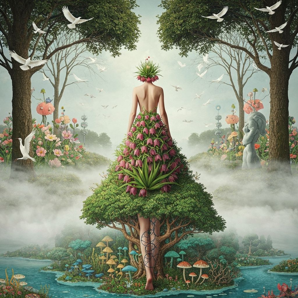 Woman in Flower Dress in Surreal Fantasy Landscape
