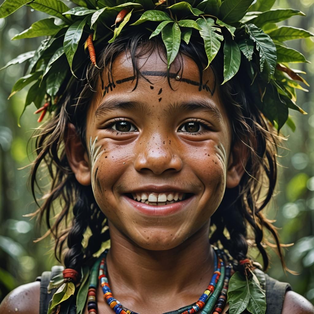 Smiling Tupi Child Portrait in Rainforest