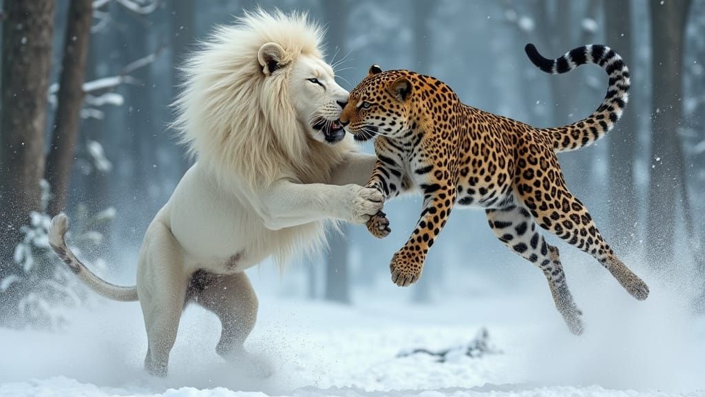 Lion and Leopard Mid-Air Collision with Cinematic Lighting
