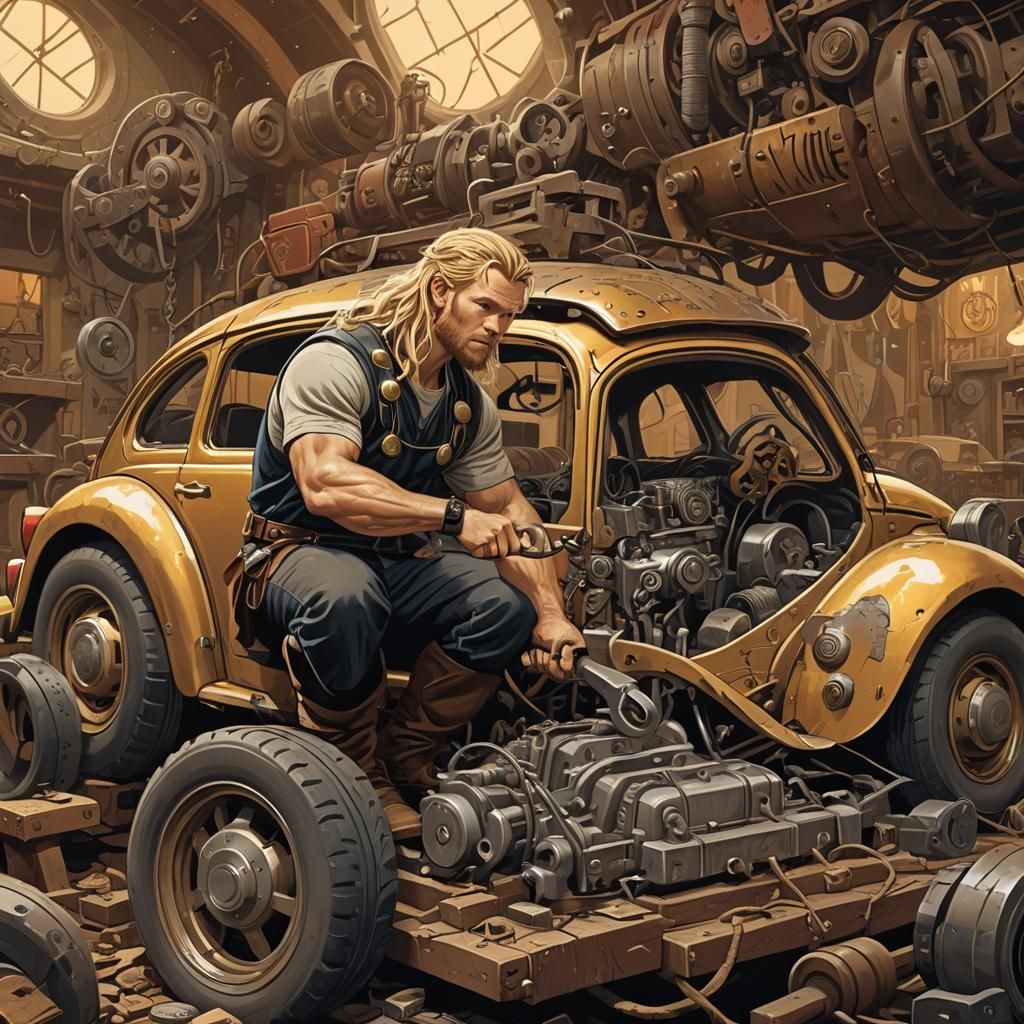 Thor Repairs Beetle Car: Fantasy Comic Book Art