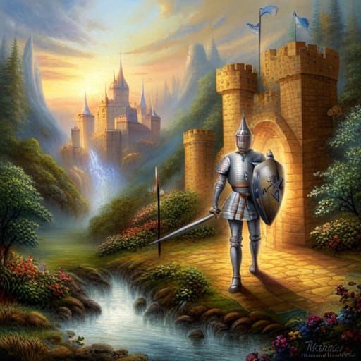 Golden Knight Marches to Castle in Ethereal Fantasy