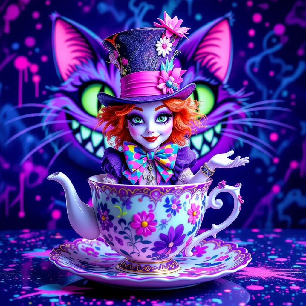 Mad Hatter's Tea Party Cake in Ink Splatter Art