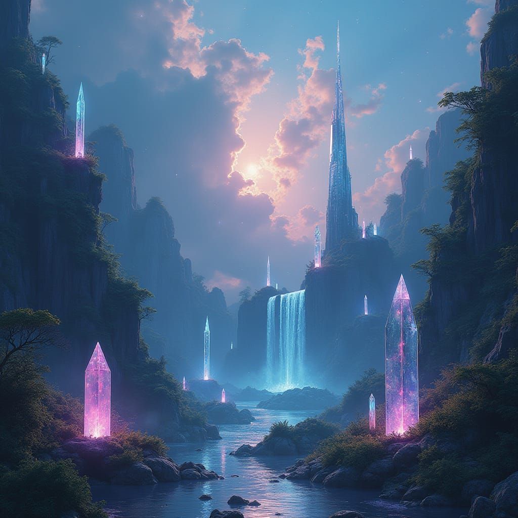 Surreal Crystal Dreamscape under Luminous Bio-Luminescent Sk...