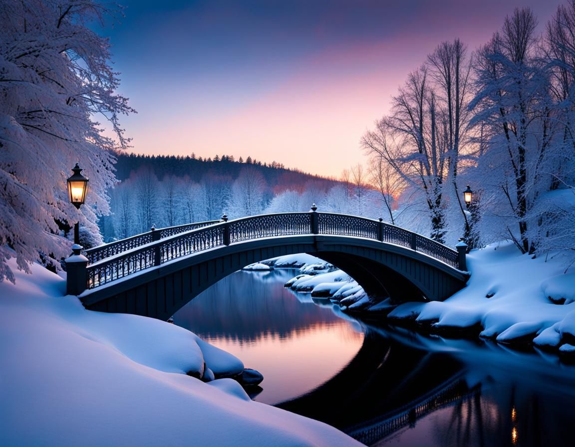 Silver Bridge in Winter Wonderland at Magic Hour