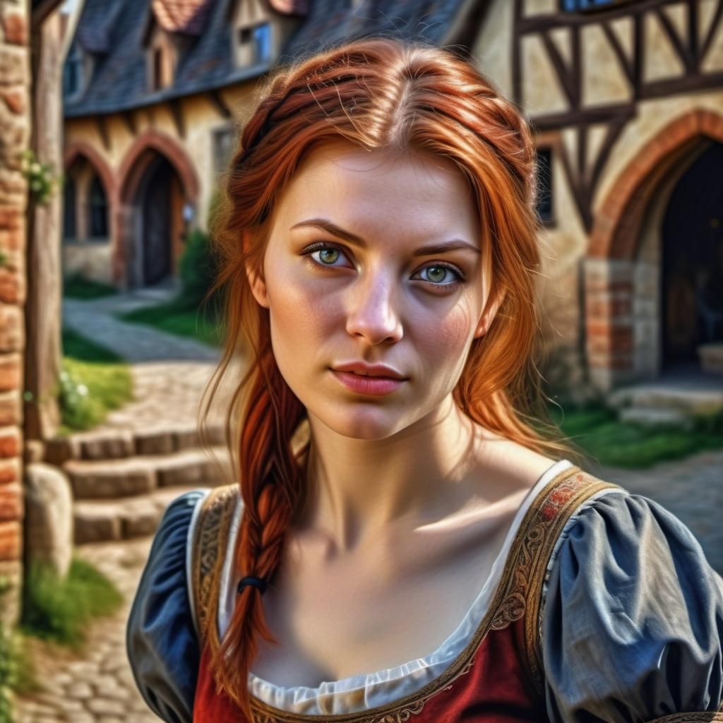 Auburn Beauty in Medieval Village: Oil Portrait