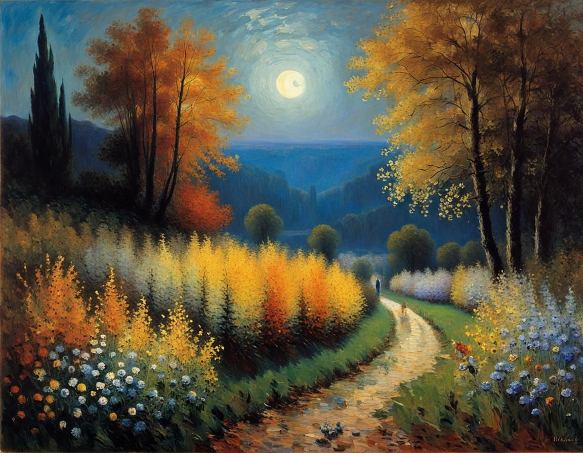 Autumn Landscape with Wildflowers and Rising Moon