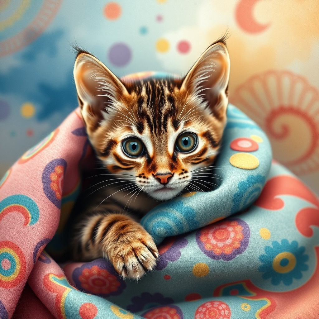 Bengal Kitten in Burrito Blanket, Watercolor-Inspired Art