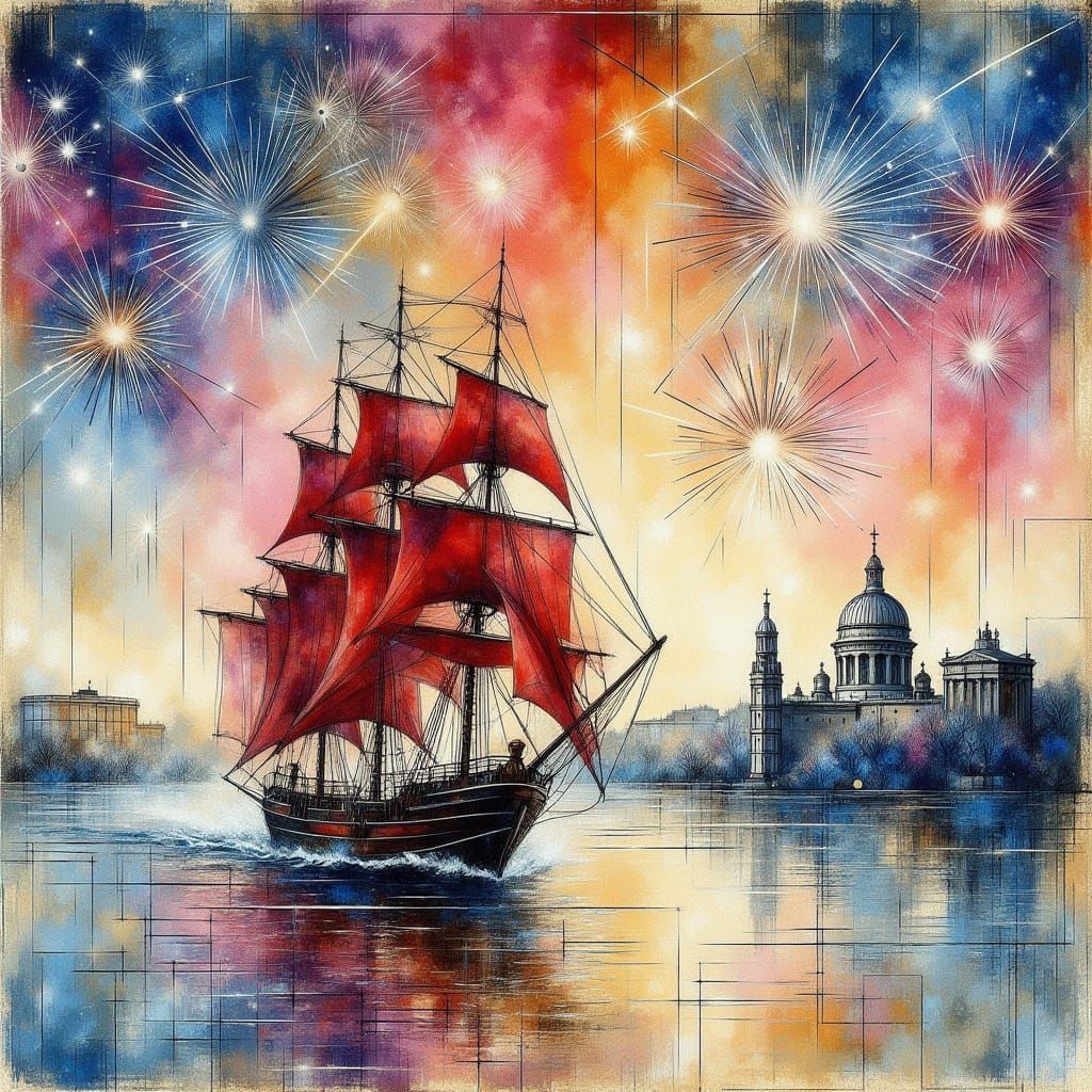 Sailing Brig on the Neva with Vibrant Fireworks and Impressi...