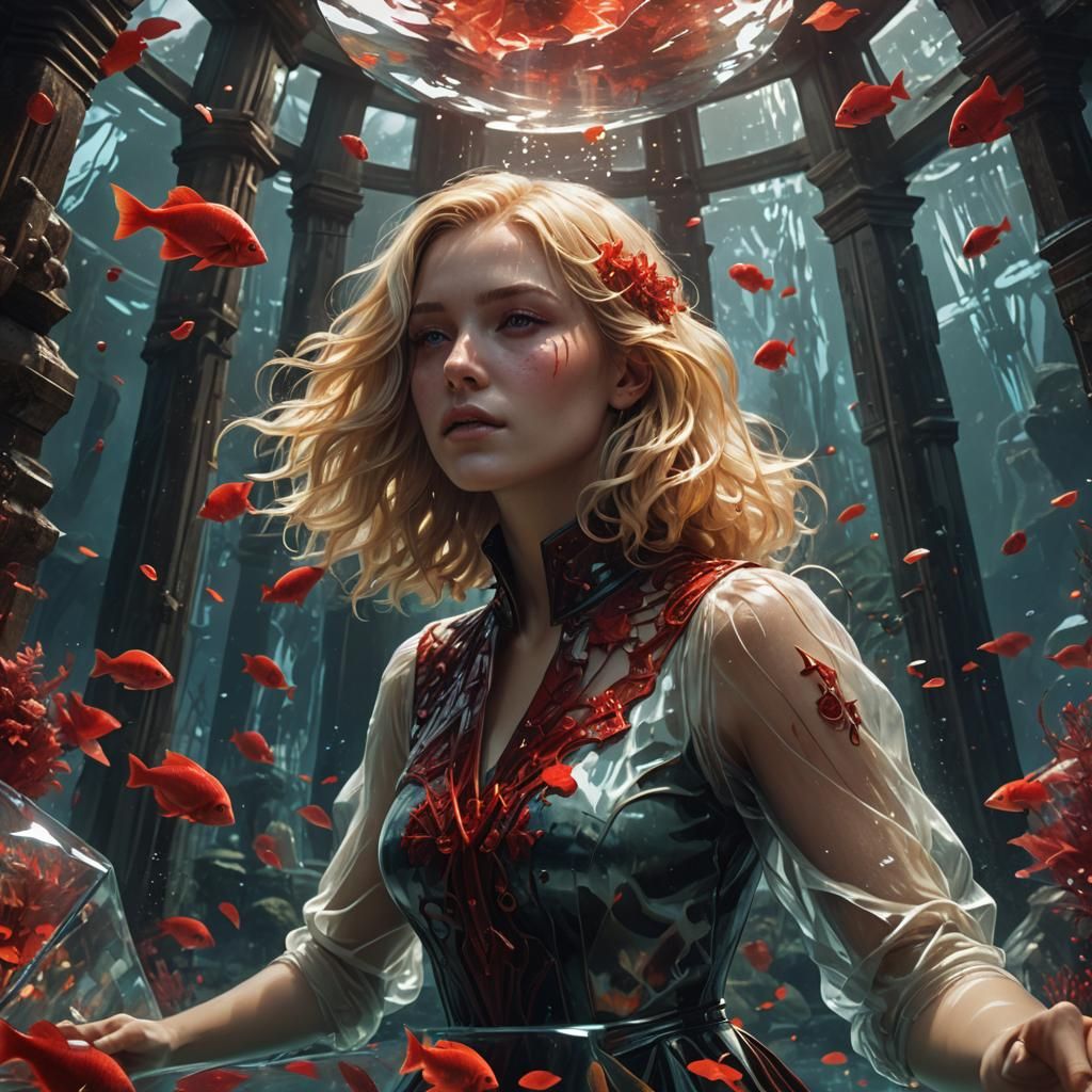 Surreal Mermaid in a Glass Pyramid Amidst Red Specters