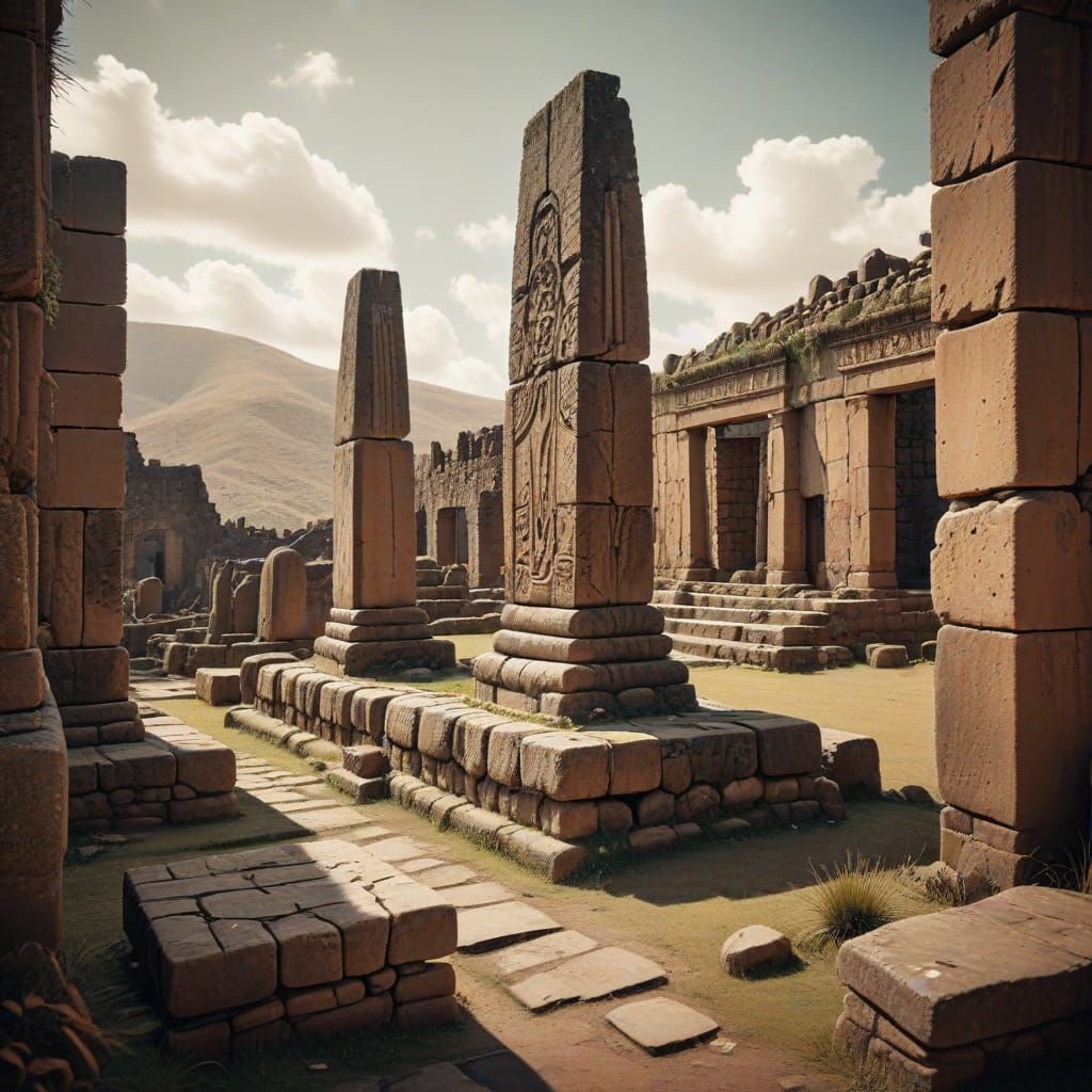 Ancient Tiahuanaco Ruins by Lake Titicaca, Antique Illustrat...