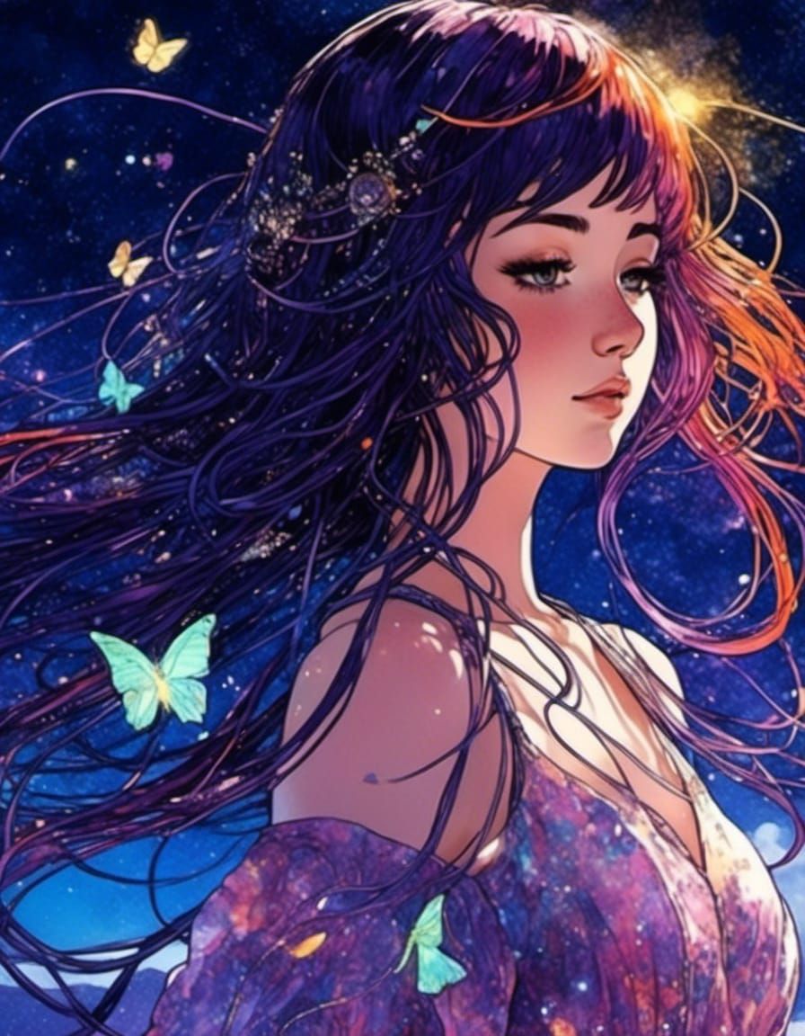 Luminous Manga Girl in Wind and Moonlight