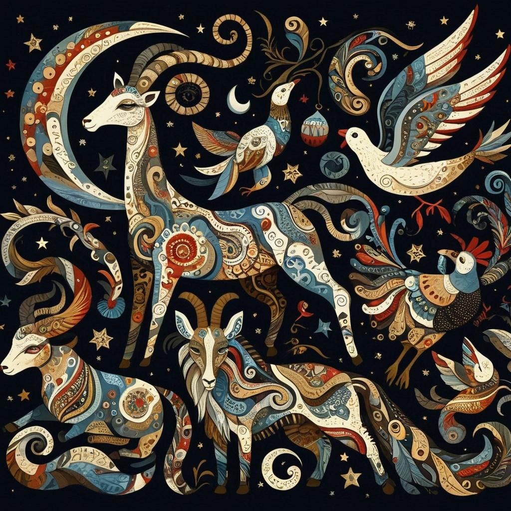 Elegancia animal, arte naíf, con fondo oscuro.