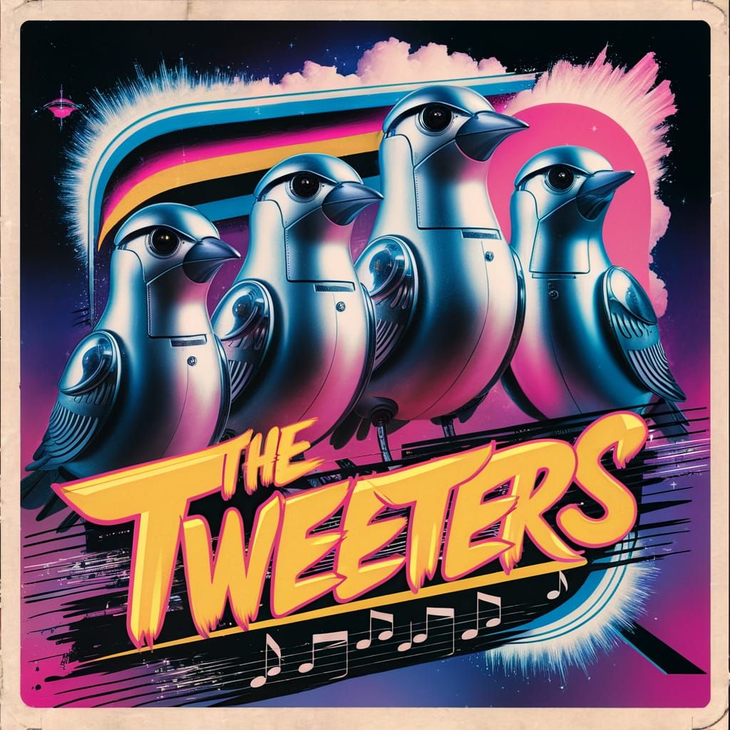 Retro Album Cover with Robotic Birds in Vaporwave Style