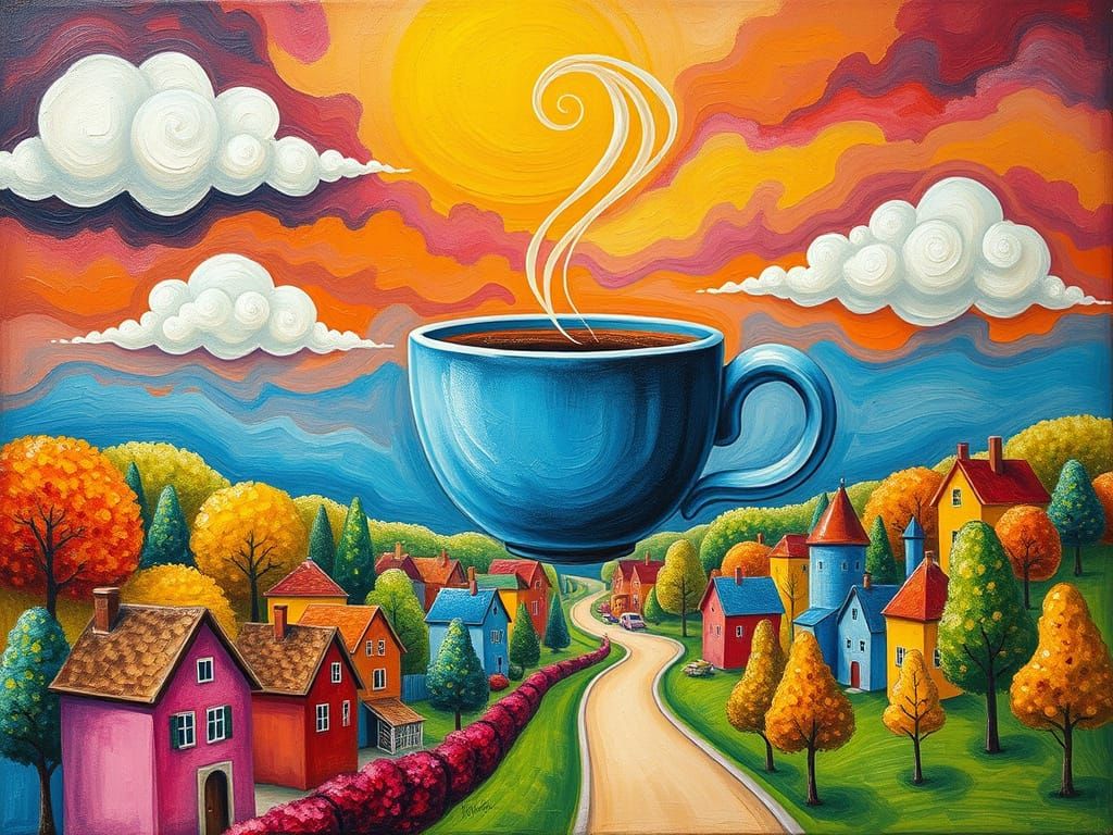 Vibrant Coffee Oasis in Whimsical Village