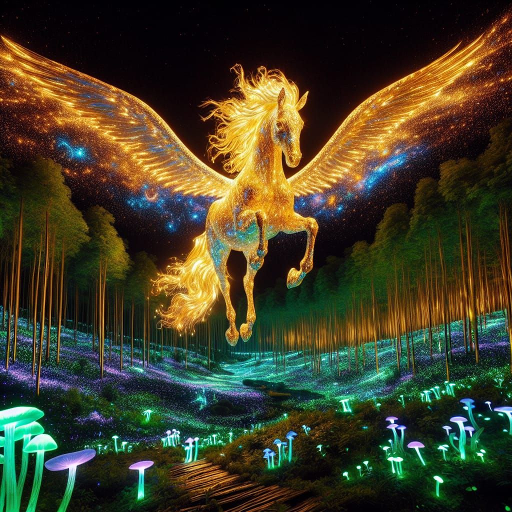 Golden Pegasus Soaring Over Bioluminescent Forest