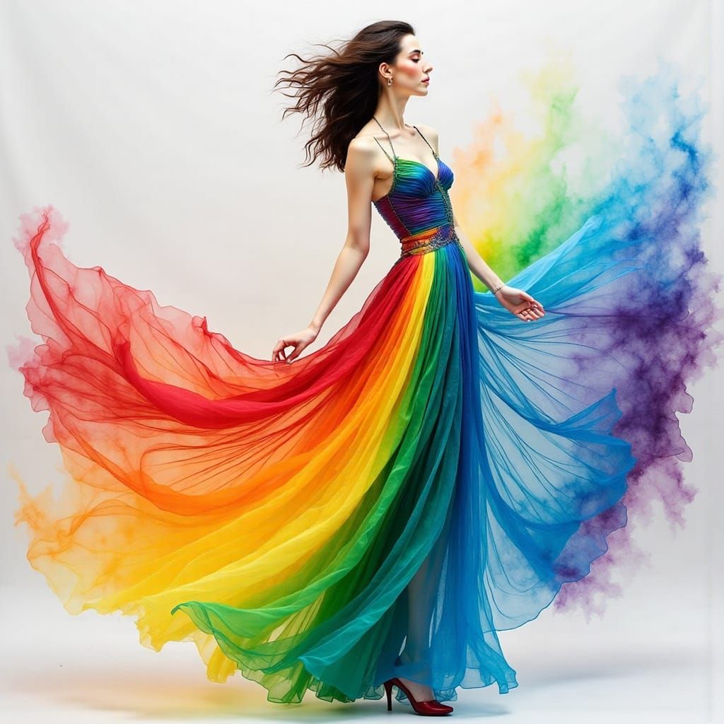 Rainbow Sculpture Portrait of Woman in Flowing Chiffon Dress