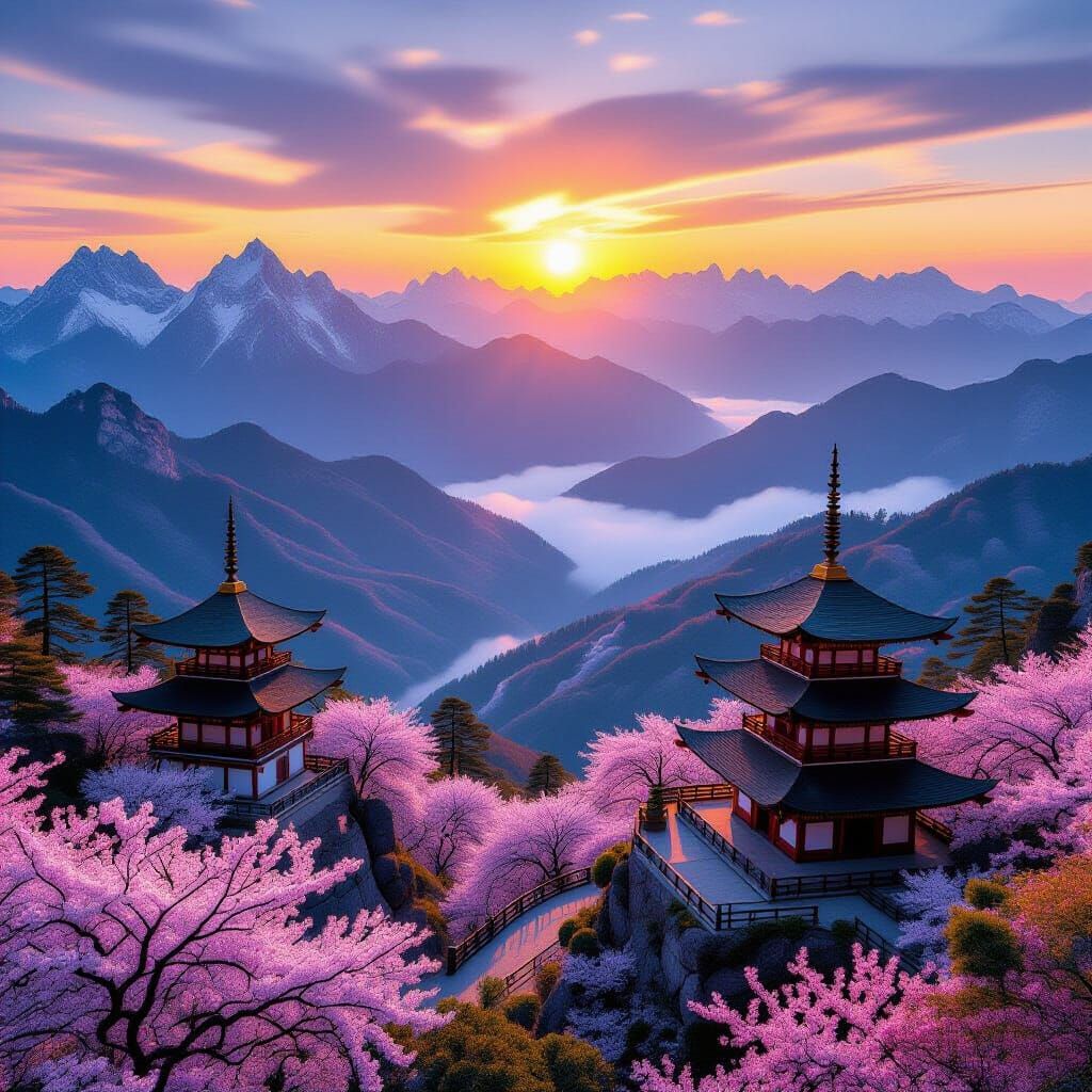 Majestic Mountain Vista at Sunset with Sakura and Pagodas