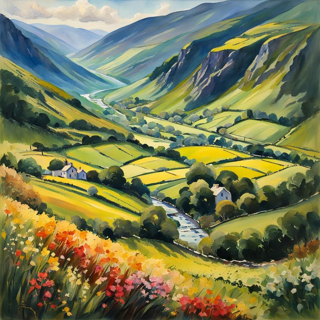 Welsh Valley in Gouache Style, Watercolor Impressionist Pain...