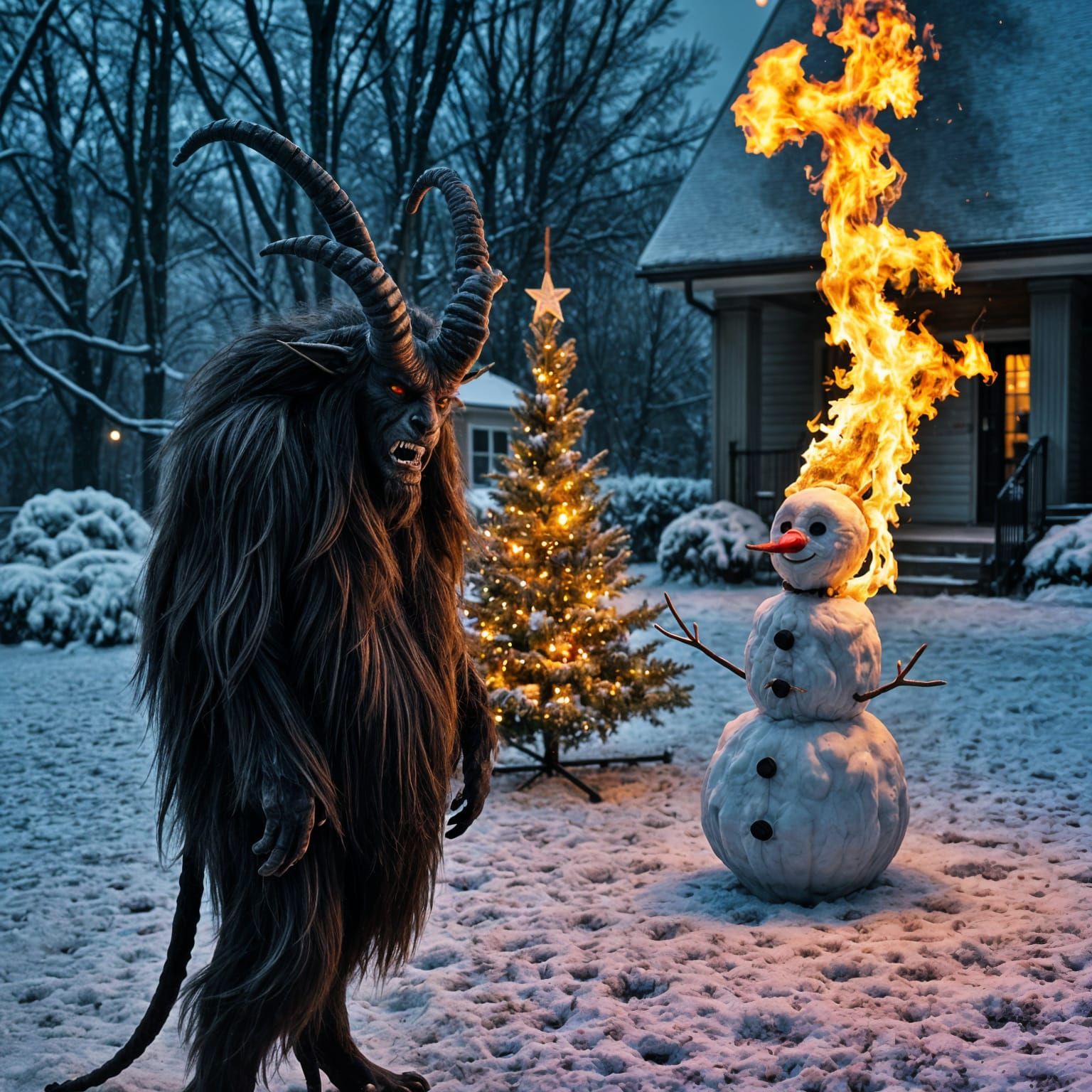 Krampus Ignites Christmas Tree in Chilling Winter Scene