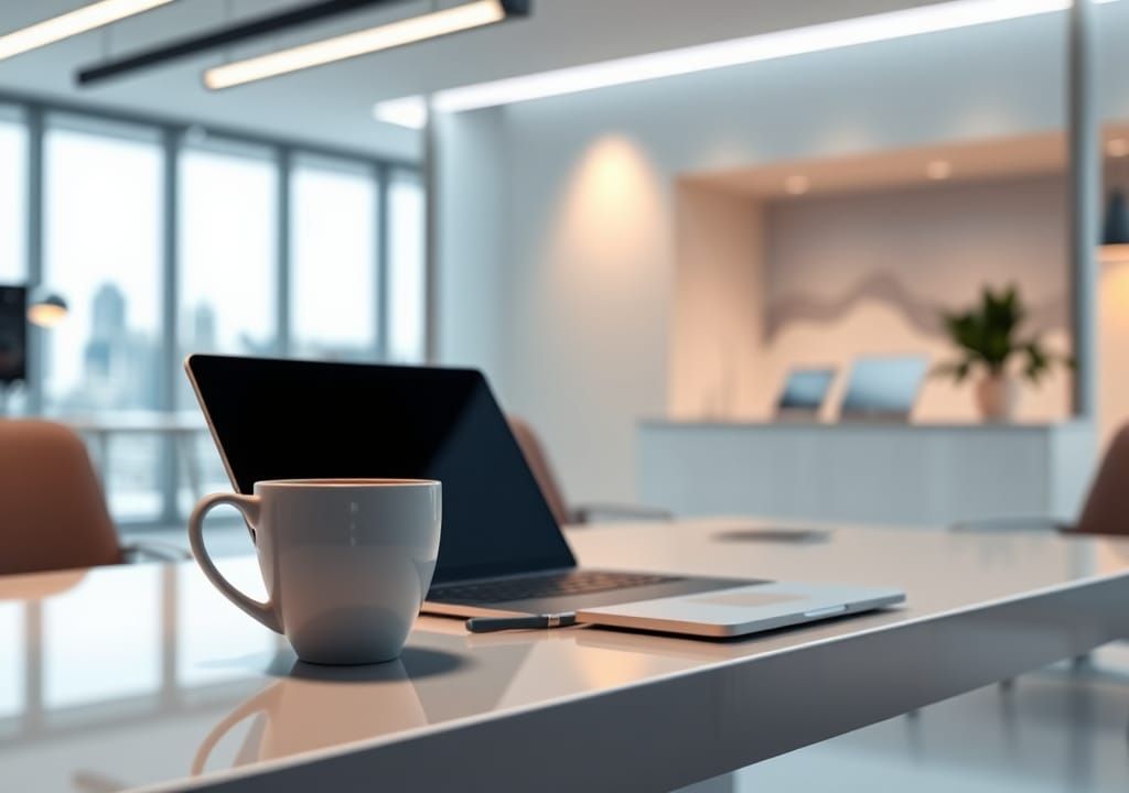 Hyperrealistic Coffee Cup and Laptop in Sci-Fi Office