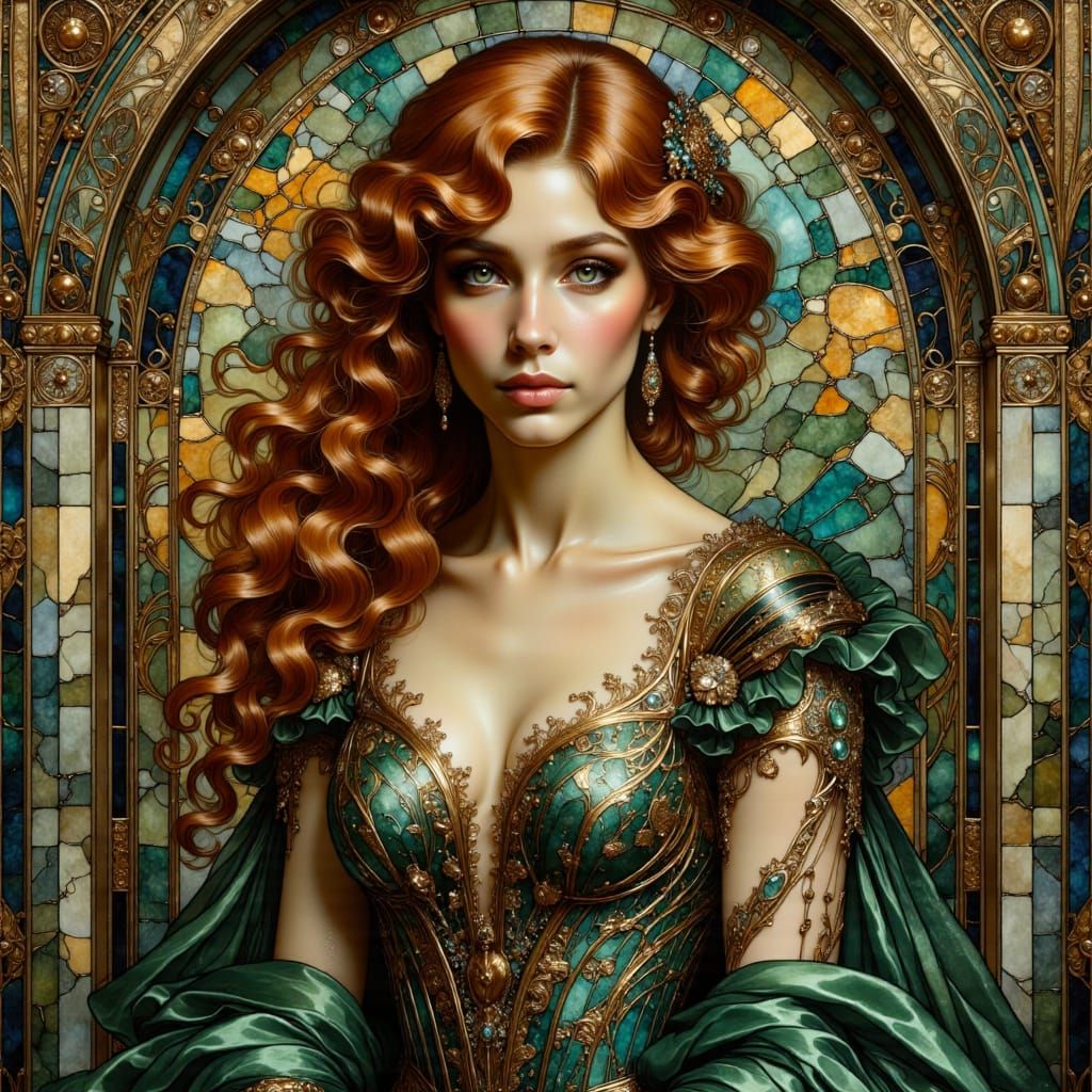 Art Nouveau Emerald Gown in Ornate Mansion