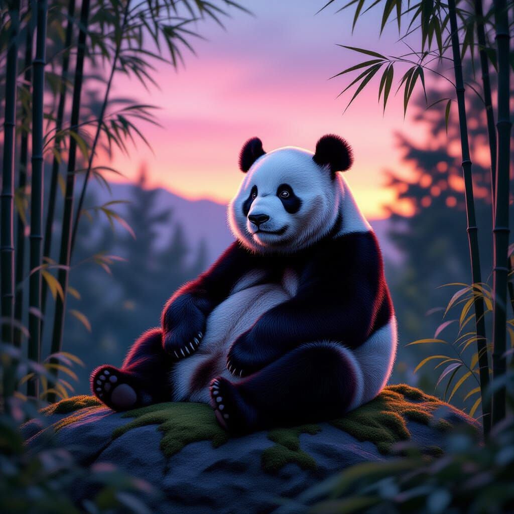 Photorealistic Panda Under Pink and Purple Twilight Sky