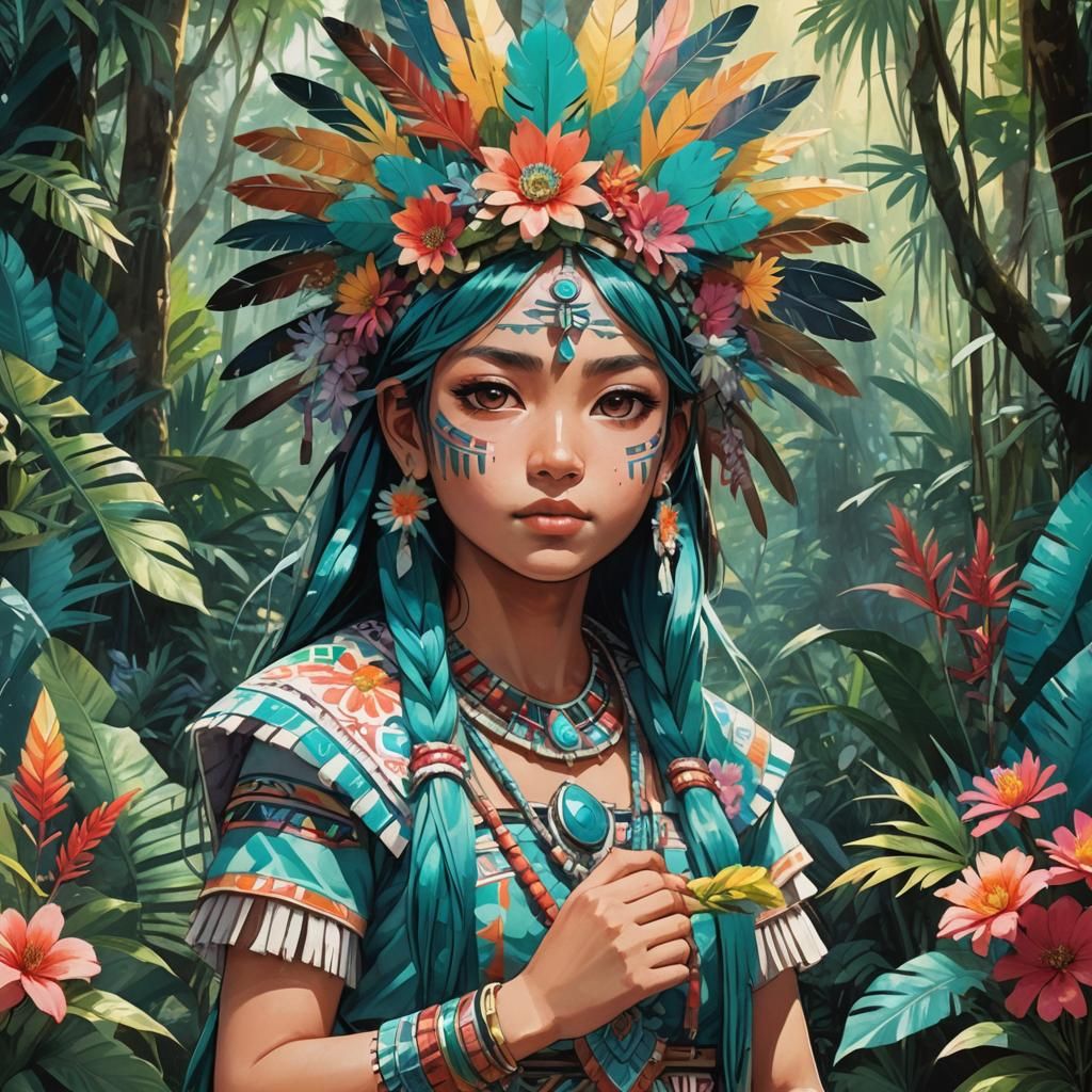 Aztec Girl in Anime Style with Lush Jungle Backdrop