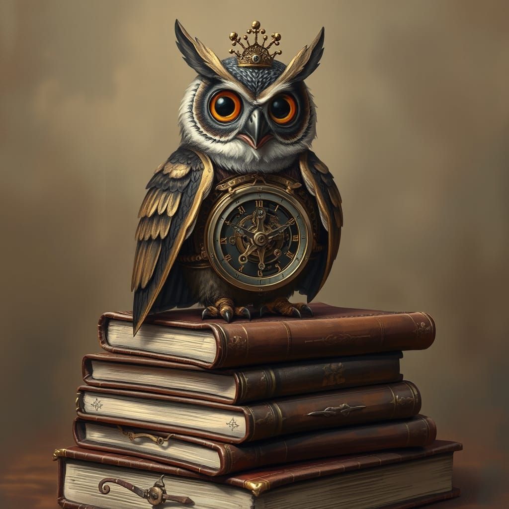 Clockwork Owl on Books, Plaster Relief