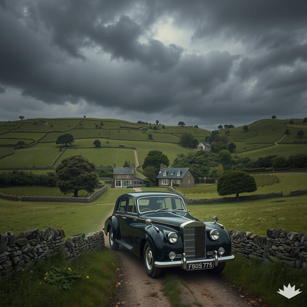 Black Car on Winding Dirt Road in Lush Countryside