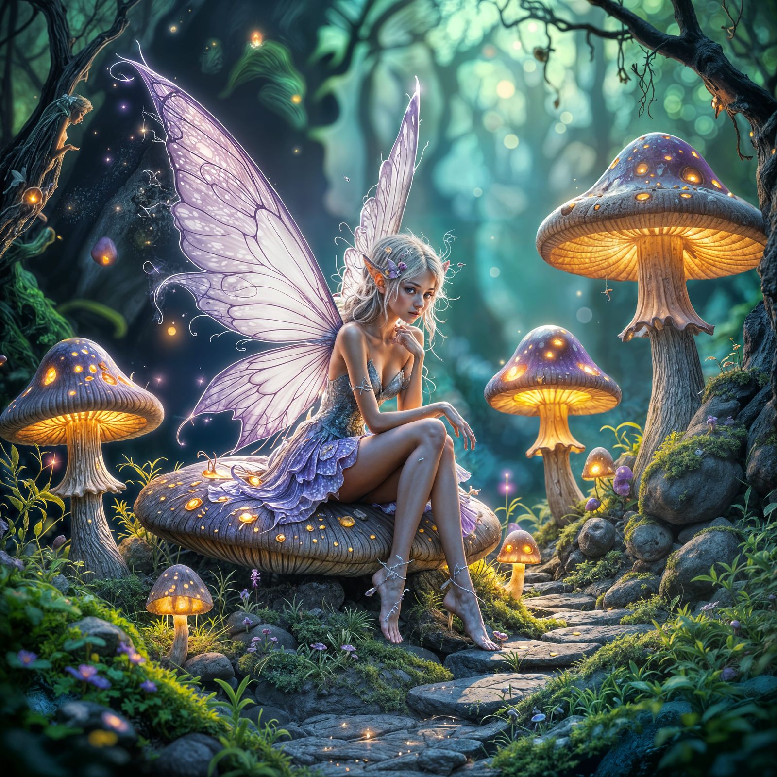 Glowing Fairy Amidst Magical Mushrooms and Rock Faces