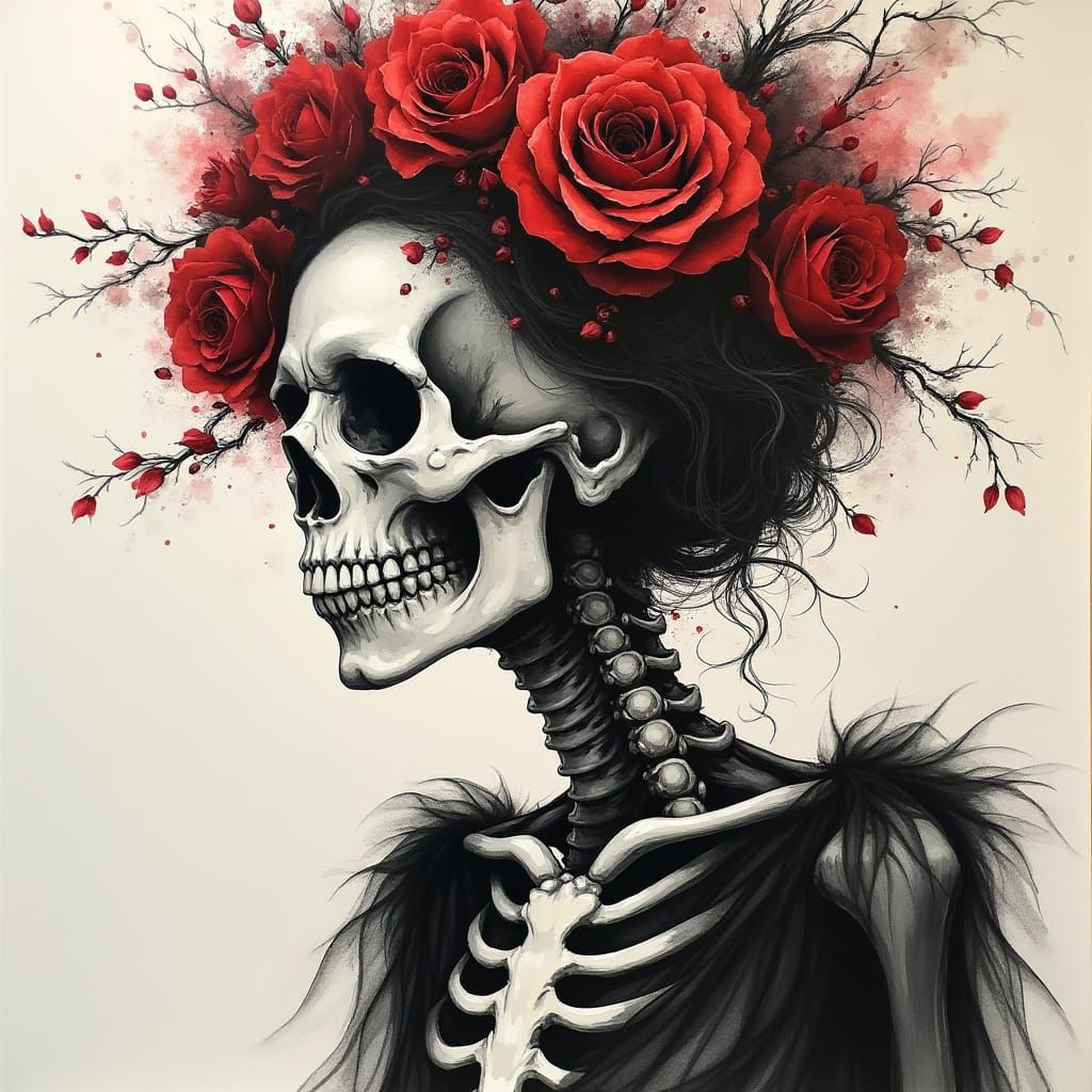 Skeleton Ghost Bride in Mixed Media Style