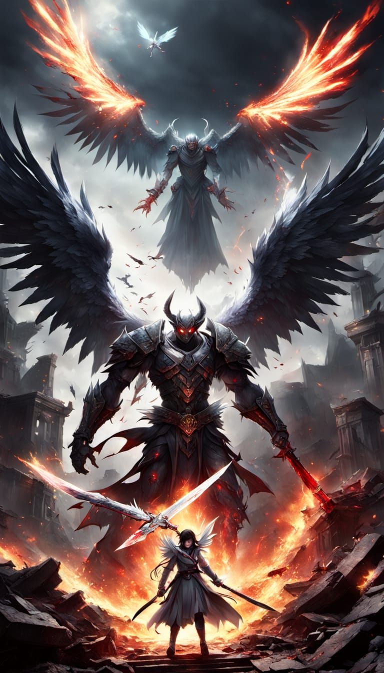 Epic Anime Battle: Angel vs. Demon in Ruins