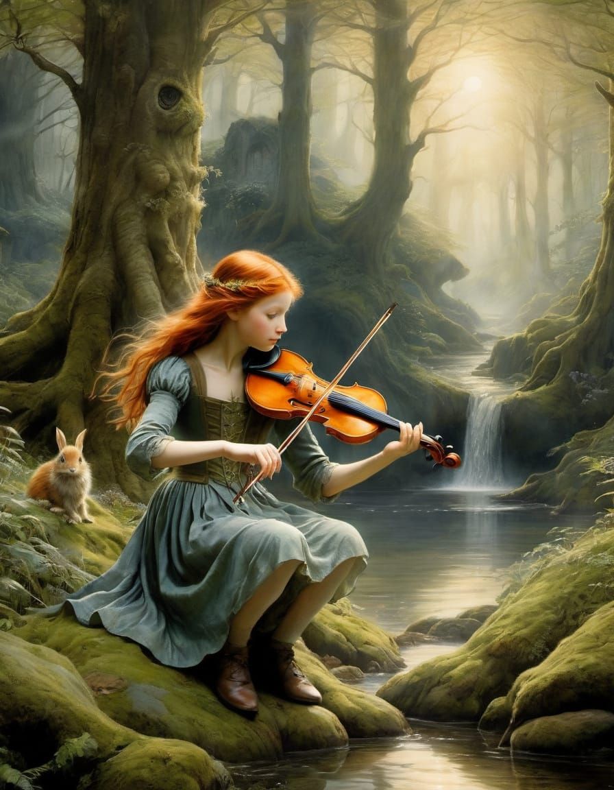 Enchanting Forest Scene with Redheaded Girl Playing Violin
