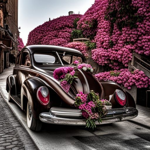Vintage Car Covered in Flowers: Hyperrealistic Image