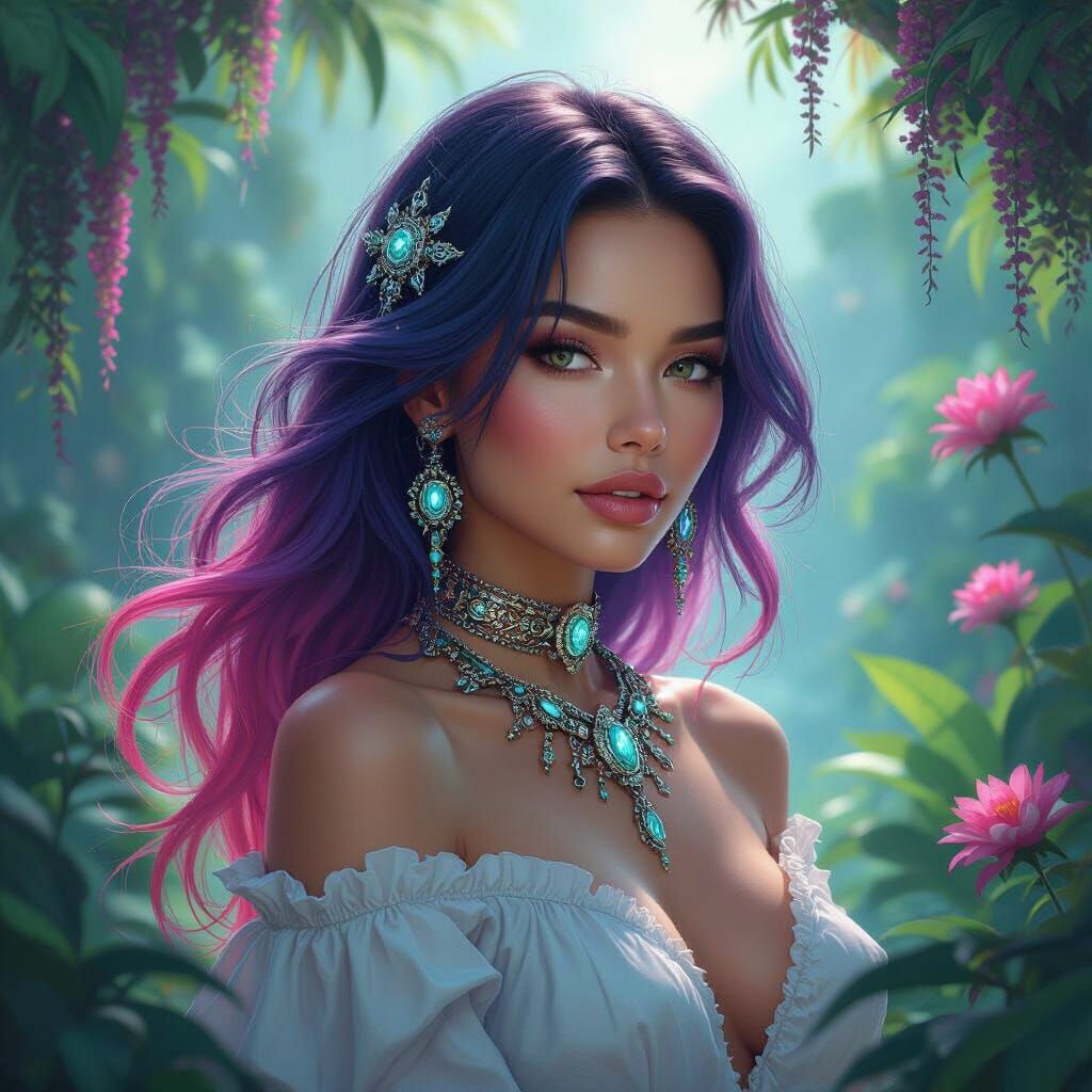 Ethereal Woman in Futuristic Garden, Hyperrealistic Style