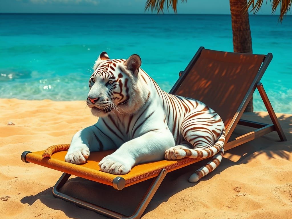 Anthropomorphic Siberian Tiger Relaxing on a Sunny Beach