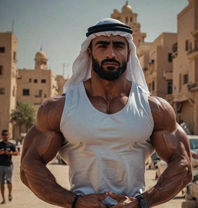 Arab Bodybuilder Flexing: Steroid Enhanced Physique