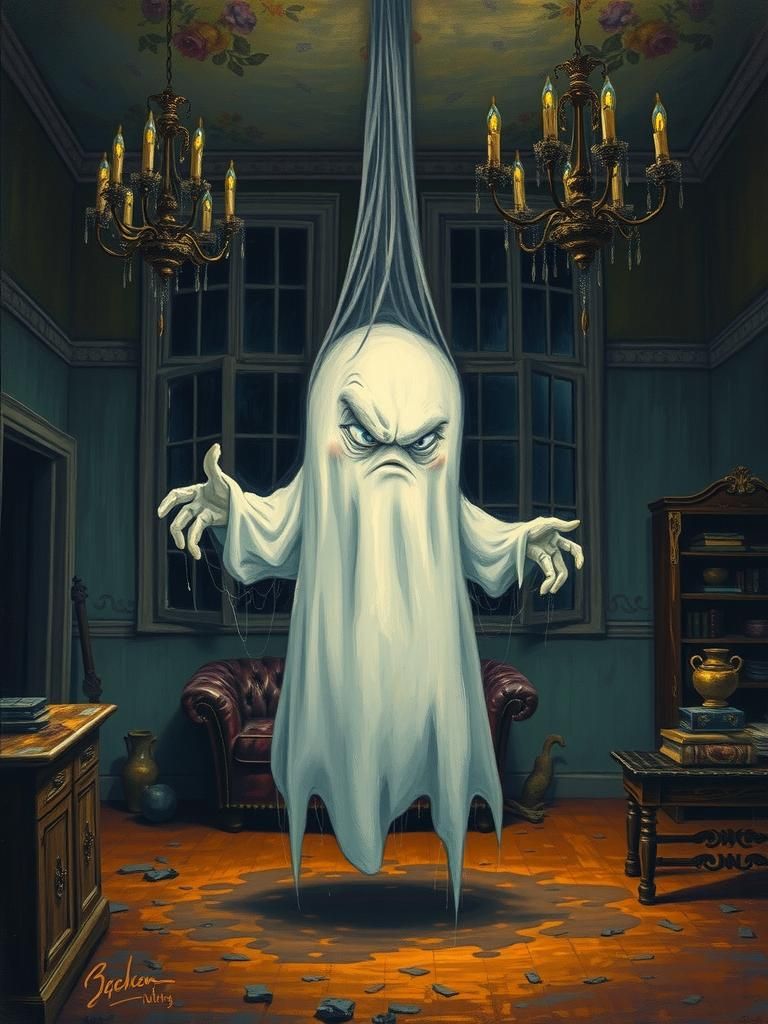 Cartoon Ghost in Antique Room, Neo-Expressionist Style
