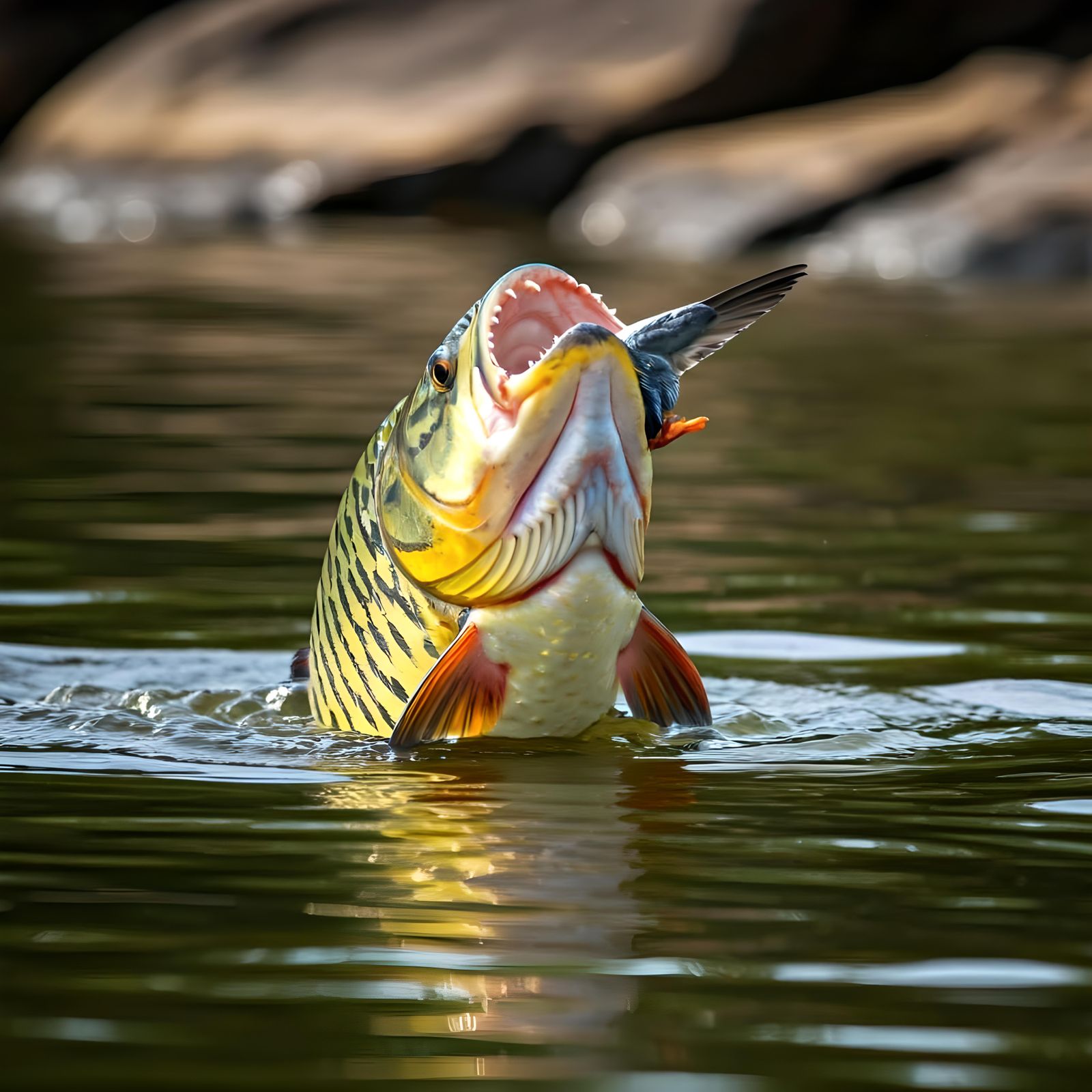 African Tigerfish Leaps to Catch Bird in River
