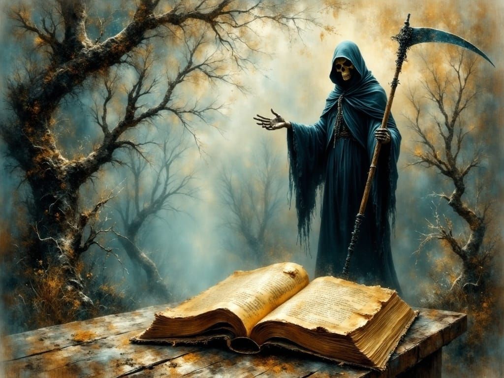 Ancient, Tattered Book in Haunting, Mixed-Media Artwork