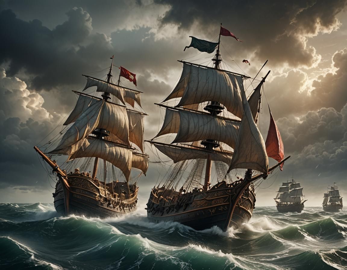 Medieval Galley Sailing Stormy Seas: Cinematic Still