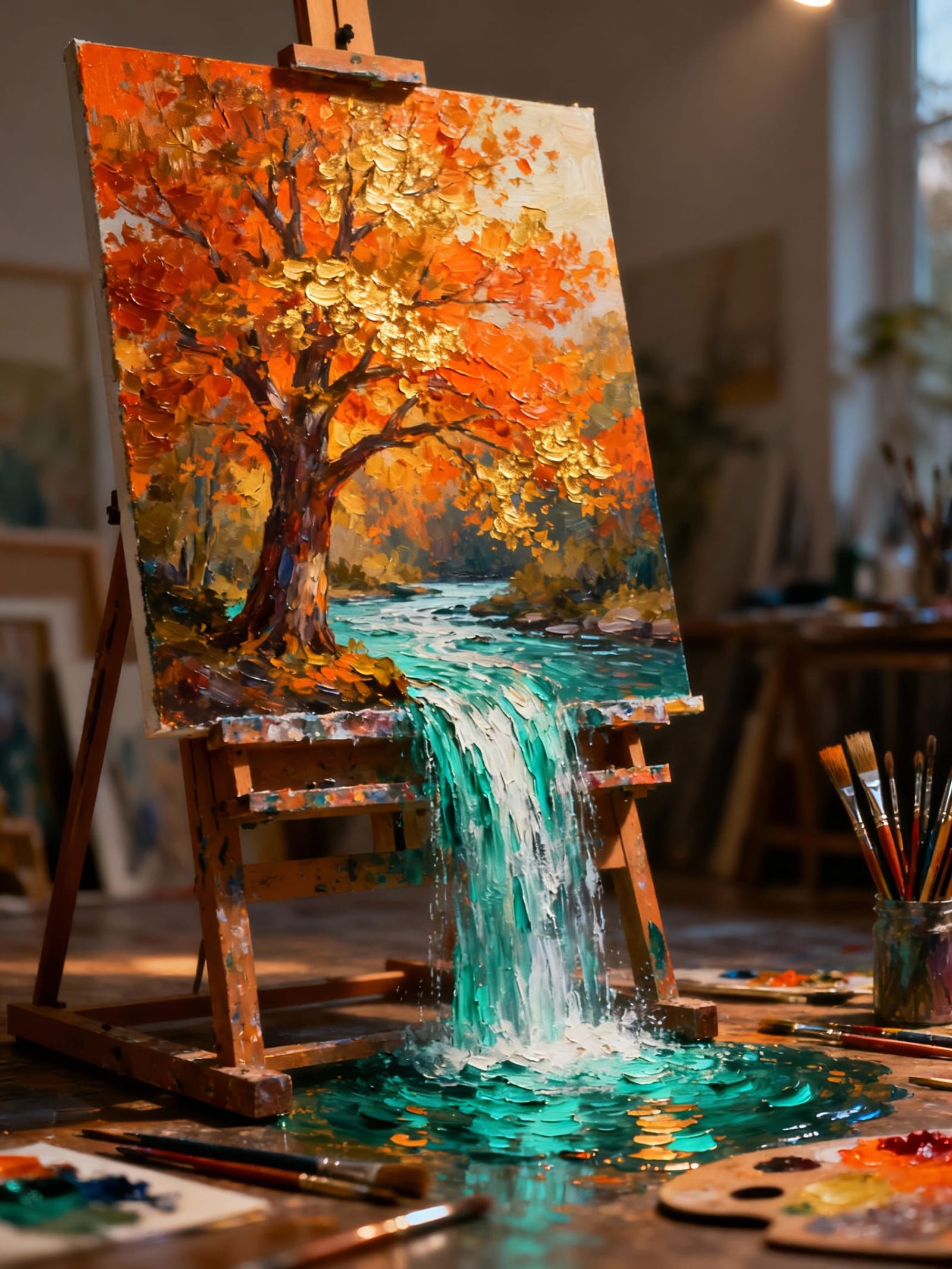 Autumn Tree Waterfall Escapes Canvas in Painterly Realism