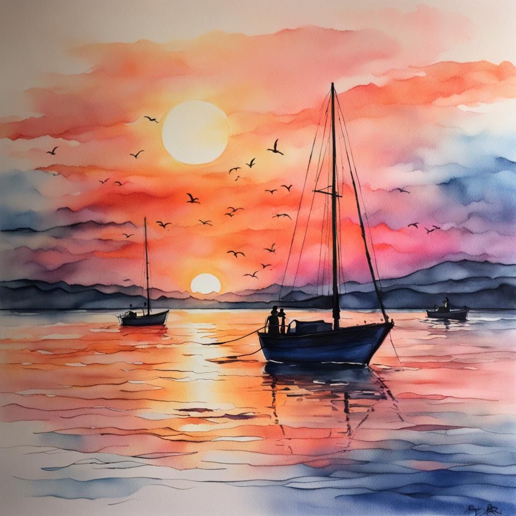 Vibrant Sunset Over Ocean in Watercolor Style