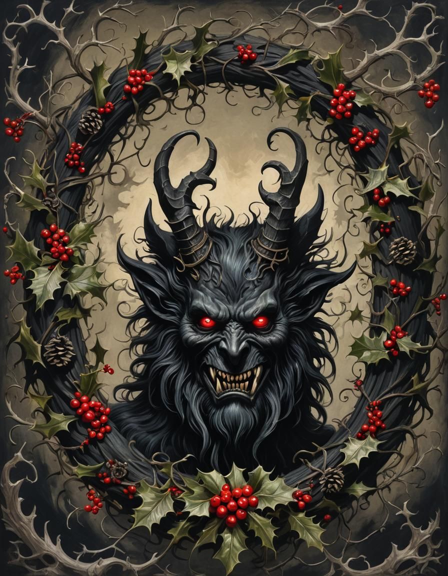 Gothic Krampus Folk Art Christmas Wreath