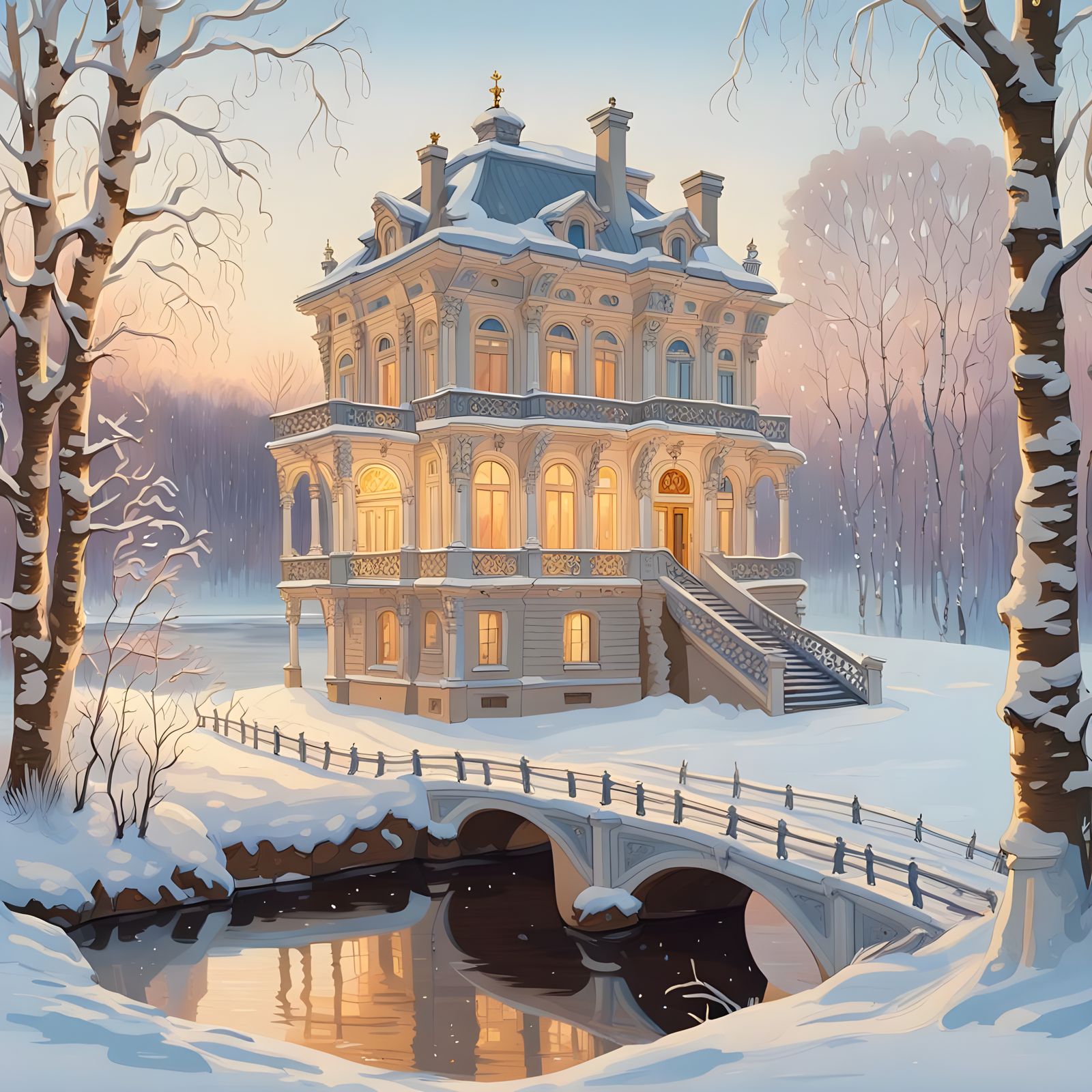 Ethereal Winter Lodge Captured in Whimsical Rococo Style