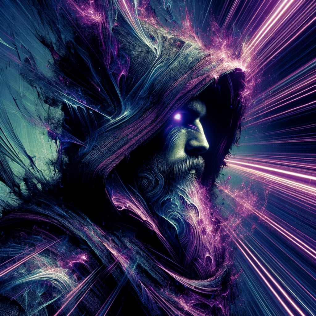 Gritty Fantasy Druid with Violet Neon Glitter Eyes