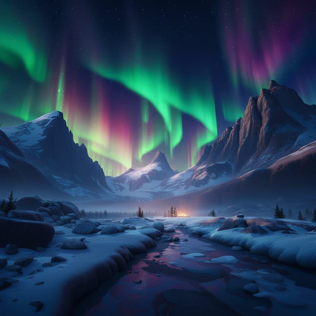 Northern Lights Over Snowy Mountains in Fantasy Style