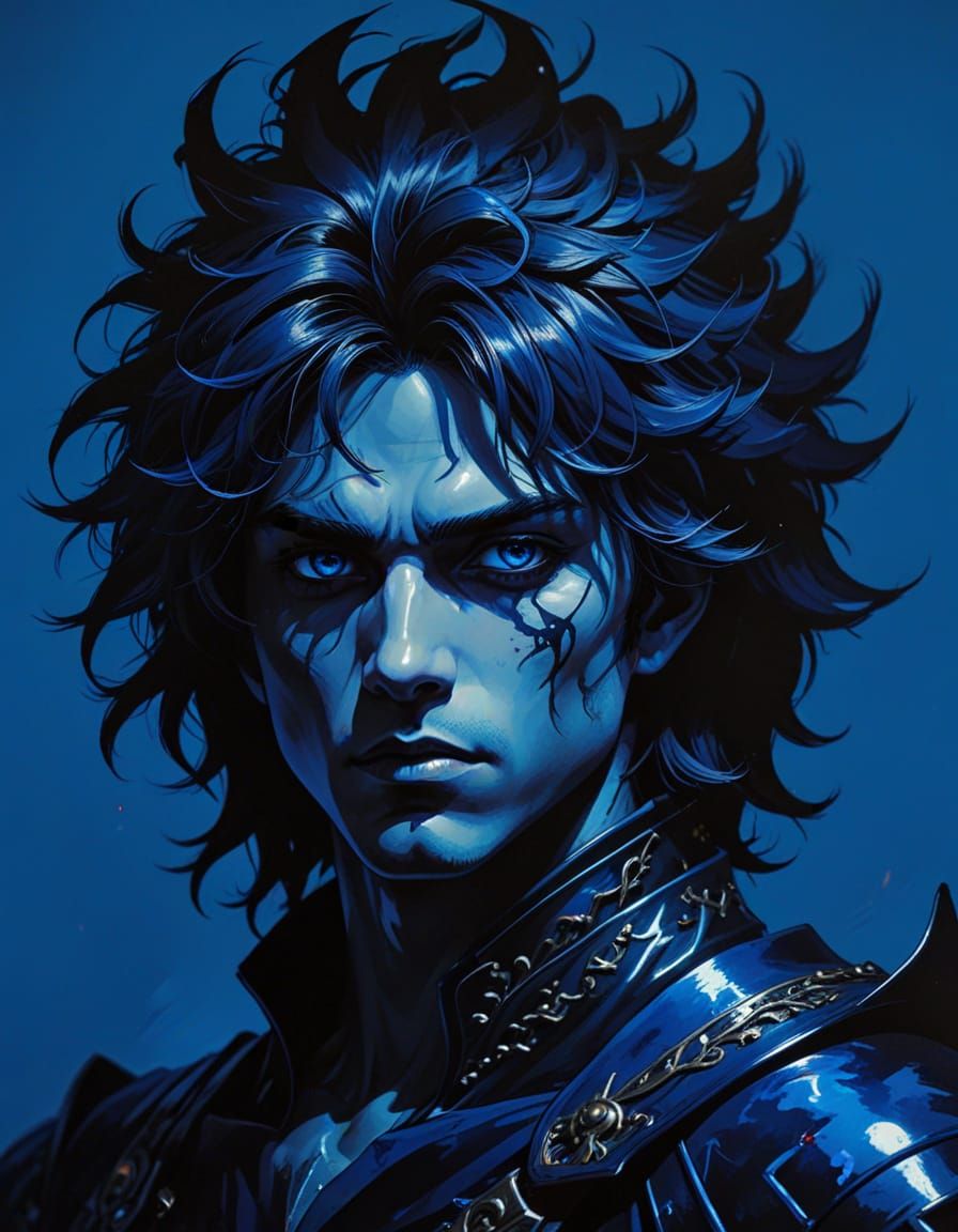 Dark Anime Prince in Vibrant Blue Haze