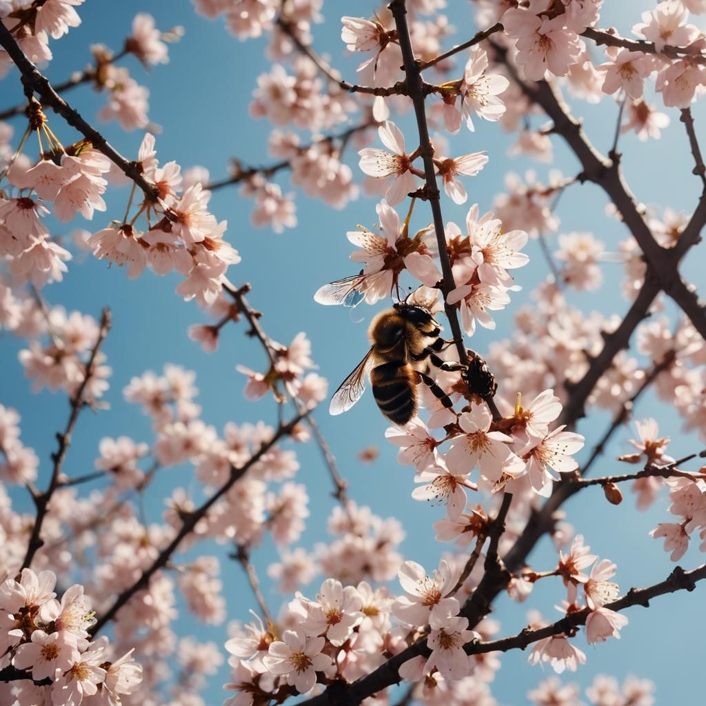Macro Cherry Blossom with Bee in Cinematic Style